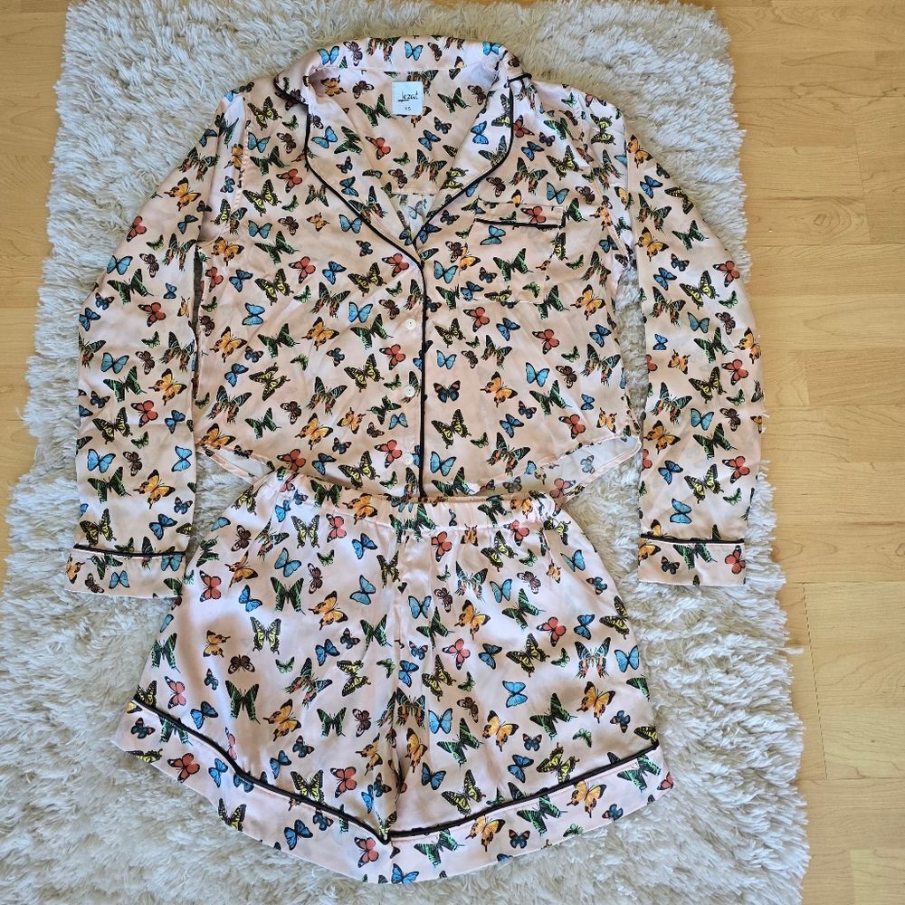 LEZAT Butterfly Pjs Set Size XS 100% Silk Pink‎ Blue